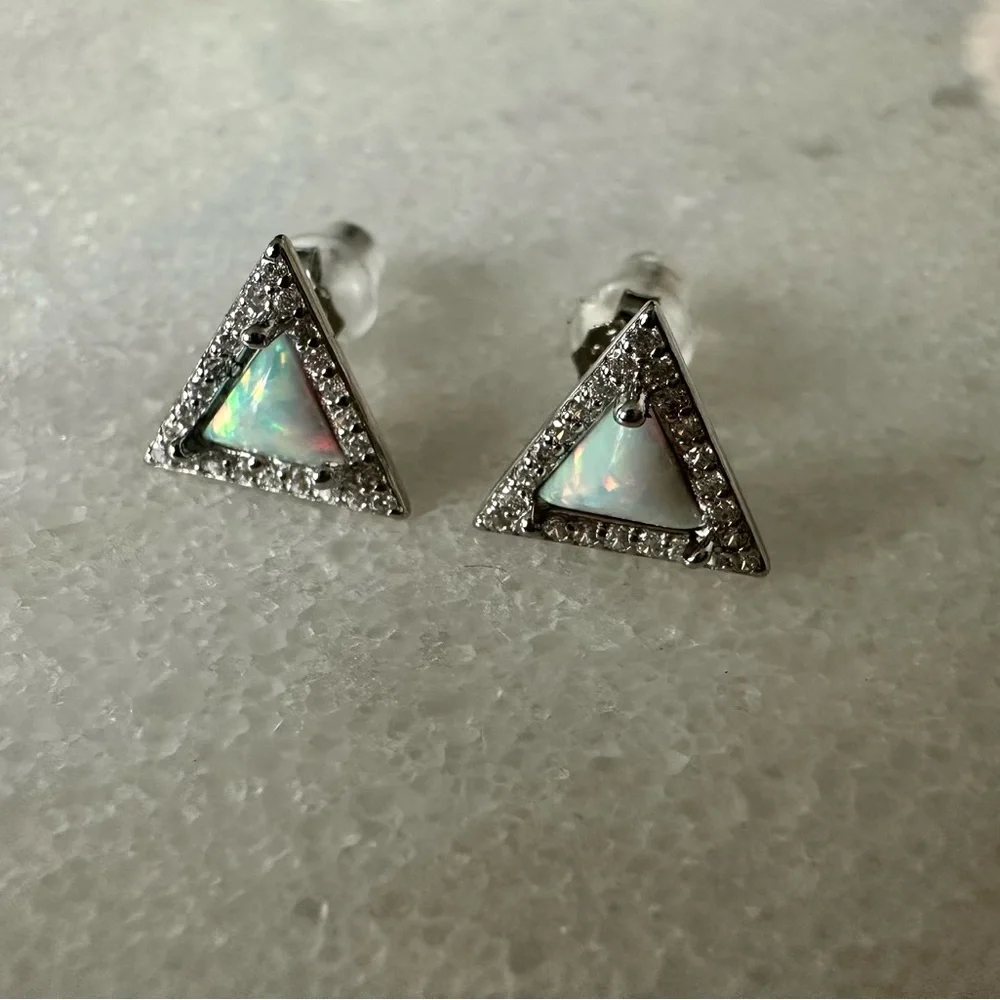 Modern Opal Triangular Sterling Silver Stud Earrings - Picture 6 of 7